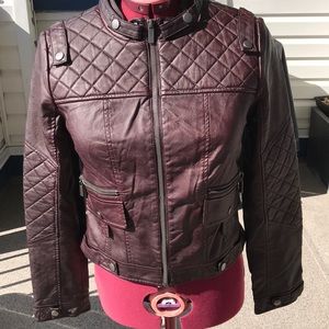 Vegan leather bomber jacket in wine burgundy